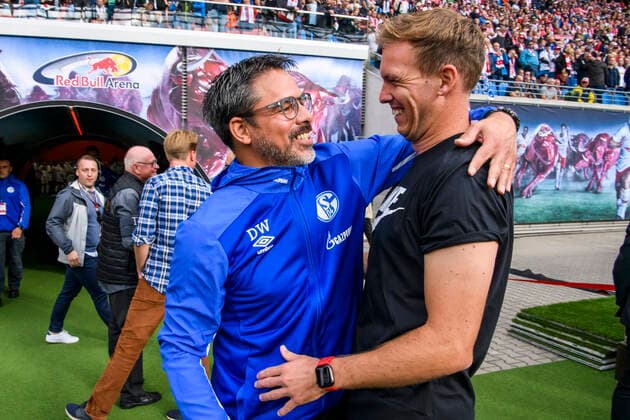 28 09 2019, xkvx, Football 1 Bundesliga, RB Leipzig FC Schalke 04 emspor, v l Coach David Wagner S04 Schalke 04 , Coach Julian Nagelsmann RB Leipzig DFL DFB REGULATIONS PROHIBIT ANY USE OF PHOTOGRAPHS as IMAGE SEQUENCES and or QUASI VIDEO Leipzig