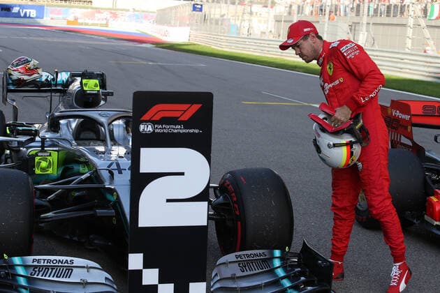 Photo4 LaPresse 28 09 2019 Sochi, Russia Grand Prix Formula One Russia 2019 In the pic: Qualifying celebration, 3rd place Sebastian Vettel (GER) Scuderia Ferrari SF90  Copyright: xPhoto4 LaPressex