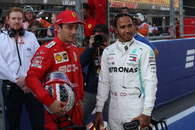 Photo4 LaPresse 28 09 2019 Sochi, Russia Grand Prix Formula One Russia 2019 In the pic: Qualifying celebration, Pole PositionCharles Leclerc (MON) Scuderia Ferrari SF90 and 2nd place Lewis Hamilton (GBR) Mercedes AMG F1 W10 EQ Power  Copyright: xPhoto4 LaPressex