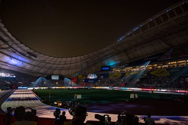 IAAF World Athletics Championships Doha 2019; Qatar, 28.09.2019 DOHA, QATAR - SEPTEMBER 28: Light Show prior to the men’s 100m finals on day 2 of the IAAF World Athletics Championships Doha 2019 at the Khalifa International Stadium of Doha on 28.9.2019 in Arabian Peninsula Qatar. *** IAAF World Athletics Championships Doha 2019 Qatar, 28 09 2019 DOHA, QATAR SEPTEMBER 28 Light Show prior to the mens 100m finals on day 2 of the IAAF World Athletics Championships Doha 2019 at the Khalifa International Stadium of Doha on 28 9 2019 in Arabian Peninsula Qatar Copyright: xBEAUTIFULxSPORTS OliverxKremerx