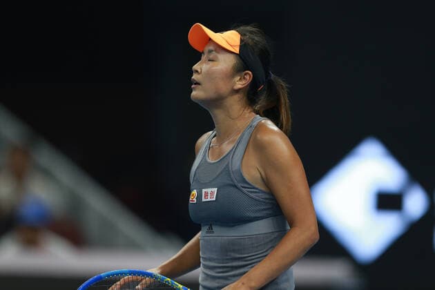 (190929) -- BEIJING, Sept. 29, 2019 -- Peng Shuai of China reacts during the women s singles first round match between Daria Kasatkina of Russia and Peng Shuai of China at 2019 China Open tennis tournament in Beijing, capital of China, Sept. 28, 2019. ) (SP)CHINA-BEIJING-TENNIS-CHINA OPEN-WOMEN S SINGLES(CN) XuxYanan 