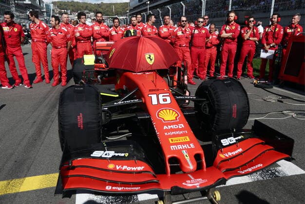 SOCHI, RUSSIA â€“ SEPTEMBER 29, 2019: A race car of Scuderia Ferrari F1 driver Charles Leclerc of Monaco before the 2019 Formula One Russian Grand Prix at the Sochi Autodrom racing circuit. Sergei Fadeichev TASS  TS0BCC94