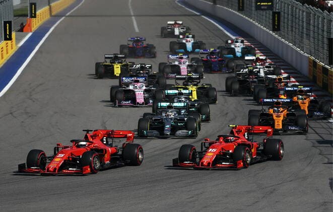 SOCHI, RUSSIA â€“ SEPTEMBER 29, 2019: Race cars during the 2019 Formula One Russian Grand Prix at the Sochi Autodrom racing circuit. Sergei Fadeichev TASS  TS0BCCA6