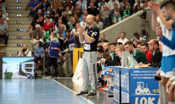 Frisch Auf Göppingen TVB 1898 Stuttgart Germany, Göppingen, 29 09 2019, Handball, Liqui Moly HBL Bundesliga, Season 2019 2020, Frisch Auf Göppingen TVB 1898 Stuttgart Hartmut Mayerhoffer Trainer Frisch Auf Göppingen