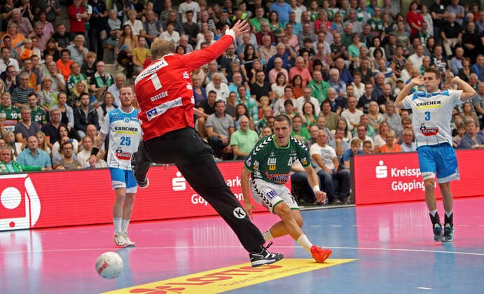 Frisch Auf Göppingen TVB 1898 Stuttgart Germany, Göppingen, 29 09 2019, Handball, Liqui Moly HBL Bundesliga, Season 2019 2020, Frisch Auf Göppingen TVB 1898 Stuttgart v l Johannes Bitter TVB 1898 Stuttgart , Nemanja Zelenovic Frisch Auf Göppingen