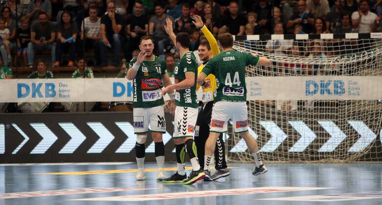 Frisch Auf Göppingen TVB 1898 Stuttgart Germany, Göppingen, 29 09 2019, Handball, Liqui Moly HBL Bundesliga, Season 2019 2020, Frisch Auf Göppingen TVB 1898 Stuttgart v l Jacob Bagersted, Ivan Sliskovic, Daniel Rebmann, Kresimir Kozina alle Frisch Auf Göppingen