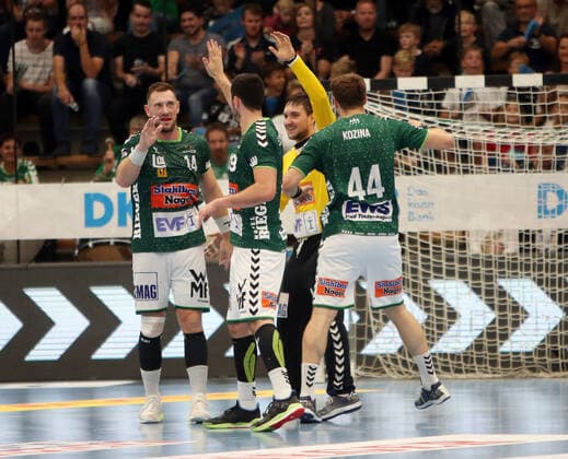 Frisch Auf Göppingen TVB 1898 Stuttgart Germany, Göppingen, 29 09 2019, Handball, Liqui Moly HBL Bundesliga, Season 2019 2020, Frisch Auf Göppingen TVB 1898 Stuttgart v l Jacob Bagersted, Ivan Sliskovic, Daniel Rebmann, Kresimir Kozina alle Frisch Auf Göppingen