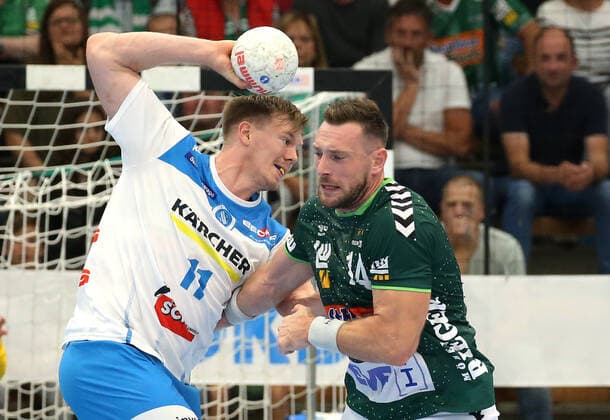 29 09 2019, Germany, Göppingen, Handball 1 Bundesliga Season 2019 2020 FRESH TO Göppingen vs. TVB 1898 Stuttgart v l Adam Lönn TVB , Jacob Bagersted FAG