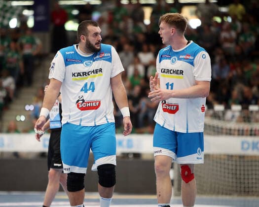 Frisch Auf Göppingen TVB 1898 Stuttgart Germany, Göppingen, 29 09 2019, Handball, Liqui Moly HBL Bundesliga, Season 2019 2020, Frisch Auf Göppingen TVB 1898 Stuttgart v l Zarko Peshevski, Adam Lönn both TVB 1898 Stuttgart
