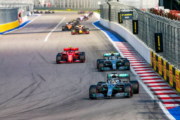 Motorsports: FIA Formula One World Championship, WM, Weltmeisterschaft 2019, Grand Prix of Russia, 44 Lewis Hamilton (GBR, Mercedes AMG Petronas Motorsport), 77 Valtteri Bottas (FIN, Mercedes AMG Petronas Motorsport), 16 Charles Leclerc (MCO, Scuderia Ferrari Mission Winnow), Sochi Russia