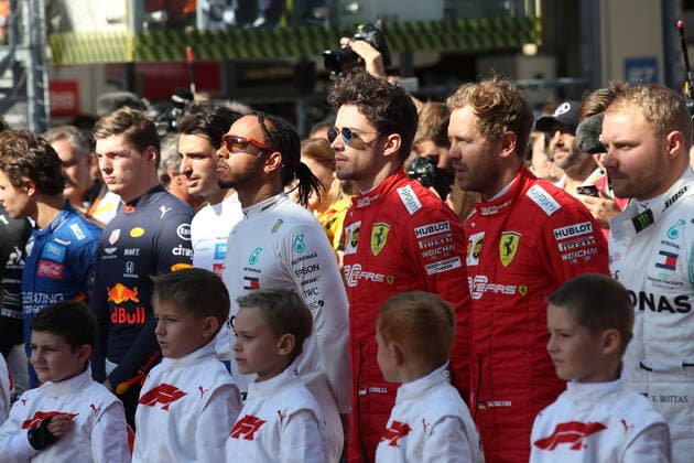 Photo4 LaPresse 29 09 2019 Sochi, Russia Grand Prix Formula One Russia 2019 In the pic: grid, Lewis Hamilton (GBR) Mercedes AMG F1 W10 EQ Power, Sebastian Vettel (GER) Scuderia Ferrari SF90 and Charles Leclerc (MON) Scuderia Ferrari SF90  Copyright: xPhoto4 LaPressex