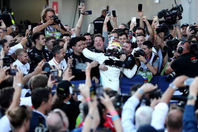 SOCHI, RUSSIA â€“ SEPTEMBER 29, 2019: Mercedes AMG Petronas F1 Team driver Lewis Hamilton of the United Kingdom reacts after finishing first in the 2019 Formula One Russian Grand Prix race at the Sochi Autodrom racing circuit. Sergei Fadeichev TASS  TS0BCCF3