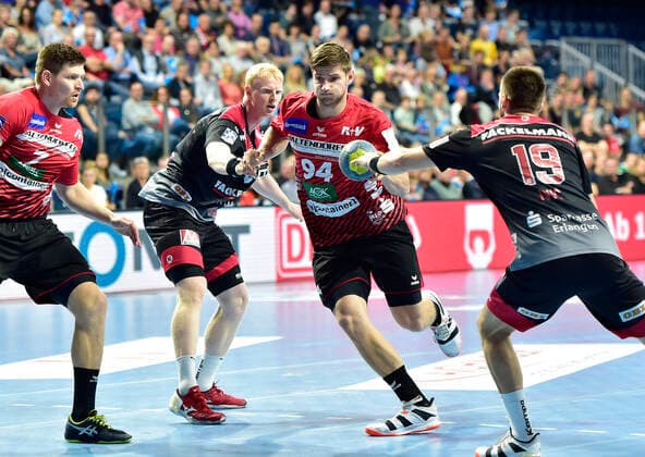 29 09 2019 Handball 1 Bundesliga DKB HBL Season 2019 2020 07 Matchday HC Erlangen Metropolregion Nürnberg HCE HSG Nordhorn Lingen OGo Toon Leenders 7, HSG Nordhorn Lingen Sebastian Firnhaber 18, HC Erlangen HCE Georg Pöhle 94, HSG Nordhorn Lingen Sime Ivic 19, HC Erlangen HCE