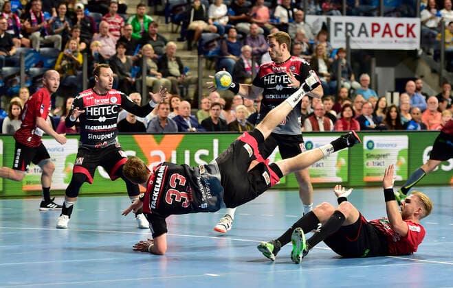29 09 2019 Handball 1 Bundesliga DKB HBL Season 2019 2020 07 Matchday HC Erlangen Nuremberg Metropolitan Region HCE HSG Nordhorn Lingen OGo Martin Murawski 24, HC Erlangen HCE Michael Haaß Haass 13, HC Erlangen HCE Nikolai Link 33, HC Erlangen HCE Patrick Miedema 10, HSG Nordhorn Lingen