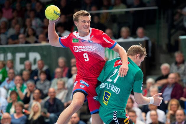 Minden, Germany 29 09 2019 1 Handball Bundesliga 2019 2020 GWD Minden vs TBV Lemgo Lippe L R Jonathan Carlsbogard Lemgo , Magnus Gullerud Minden Minden Nordrhein Westfalen Germany Kampa Halle