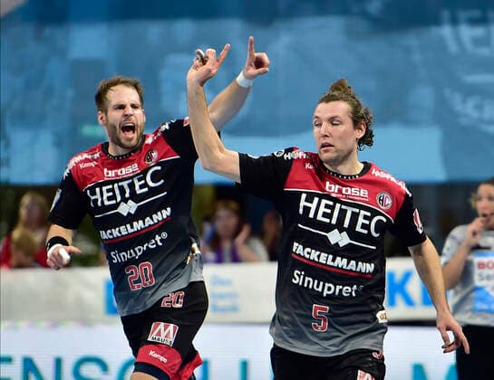 29 09 2019 Handball 1 Bundesliga DKB HBL Season 2019 2020 07 Matchday HC Erlangen Metropolregion Nürnberg HCE HSG Nordhorn Lingen OGo Nico Büdel 20, HC Erlangen Johannes Sellin 5, HC Erlangen HCE Jubel Freude