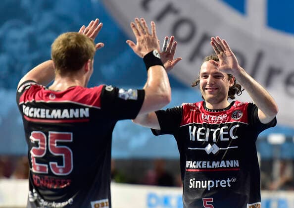 29 09 2019 Handball 1 Bundesliga DKB HBL Season 2019 2020 07 Matchday HC Erlangen Metropolregion Nürnberg HCE HSG Nordhorn Lingen OGo Jan Schäffer 25, HC Erlangen HCE Johannes Sellin 5, HC Erlangen HCE Jubel Freude