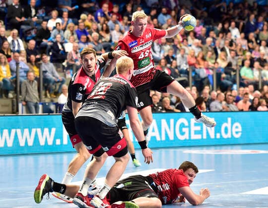 29 09 2019 Handball 1 Bundesliga DKB HBL Season 2019 2020 07 Matchday HC Erlangen Metropolregion Nürnberg HCE HSG Nordhorn Lingen OGo Michael Haaß Haass 13, HC Erlangen HCE Sebastian Firnhaber 18, HC Erlangen HCE Julian Possehl 48, HSG Nordhorn Lingen