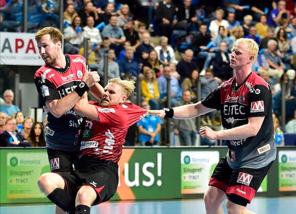 29 09 2019 Handball 1 Bundesliga DKB HBL Season 2019 2020 07 Matchday HC Erlangen Metropolregion Nürnberg HCE HSG Nordhorn Lingen OGo Nikolai Link 33, HC Erlangen HCE Patrick Miedema 10, HSG Nordhorn Lingen Sebastian Firnhaber 18, HC Erlangen HCE