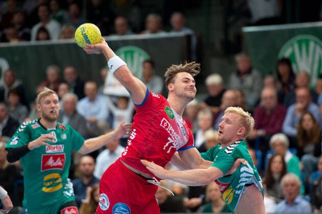 Minden, Germany 29 09 2019 1 Handball Bundesliga 2019 2020 GWD Minden vs TBV Lemgo Lippe L R Dani Baijens Lemgo , Kevin Gulliksen Minden Minden Nordrhein Westfalen Germany Kampa Halle