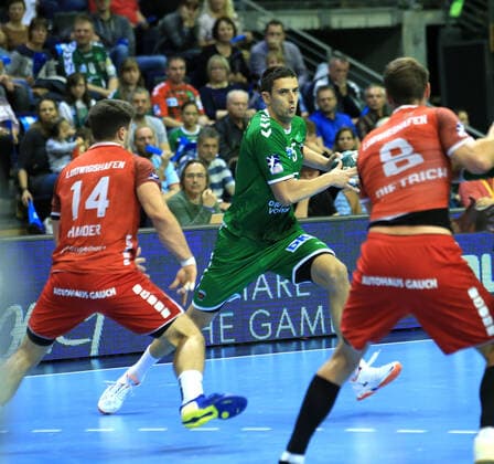 GER, DHB, 1 HBL, FUECHSE BERLIN VS Eulen Ludwigshafen 29 09 2019, Max Schmeling Halle, Berlin, GER, DHB, 1 HBL, FUECHSE BERLIN VS Eulen Ludwigshafen, DHB regulations prohibit any use of photographs as image sequences and or quasi video in picture Marco Kopljar Fuechse Berlin 35 , Maximilian Haider Ludwigshafen 14 Photo Juergen Engler nordphotoxBratic nph00250