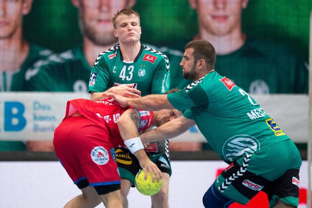 Minden, Germany 29 09 2019 1 Handball Bundesliga 2019 2020 GWD Minden vs TBV Lemgo Lippe L R Dani Baijens Lemgo , Christoph Reißky Minden , Lucas Meister Minden Minden Nordrhein Westfalen Germany Kampa Halle