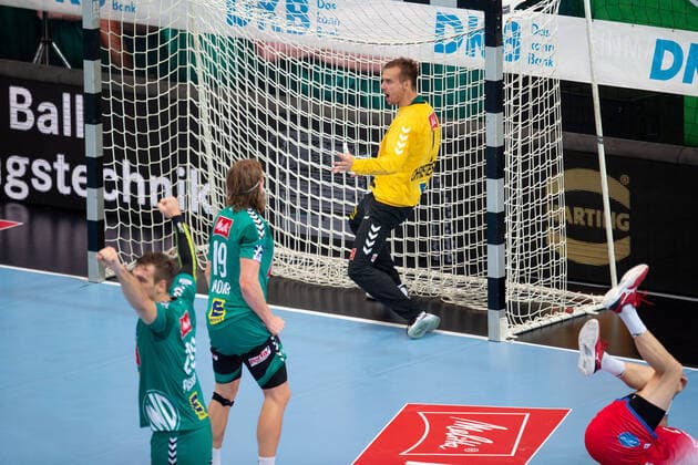 Minden, Germany 29 09 2019 1 Handball Bundesliga 2019 2020 GWD Minden vs TBV Lemgo Lippe L R Miljan Pusica Minden , Juri Knorr Minden , Espen Christensen Minden Minden Nordrhein Westfalen Germany Kampa Halle