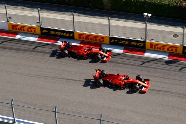 Motorsports: FIA Formula One World Championship, WM, Weltmeisterschaft 2019, Grand Prix of Russia, Start, 5 Sebastian Vettel (GER, Scuderia Ferrari Mission Winnow), 16 Charles Leclerc (MCO, Scuderia Ferrari Mission Winnow), Sochi Russia