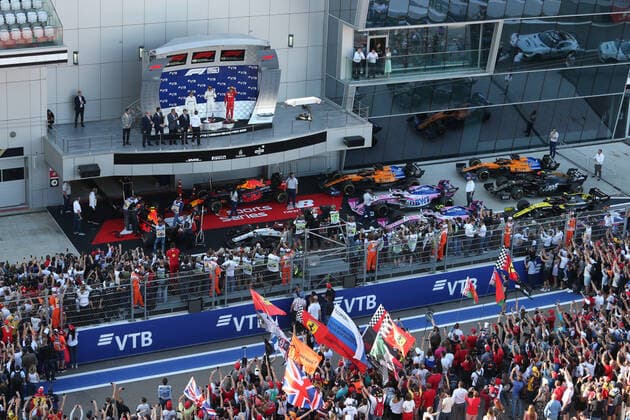 Photo4 LaPresse 29 09 2019 Sochi, Russia Grand Prix Formula One Russia 2019 In the pic: podium, winner Lewis Hamilton (GBR) Mercedes AMG F1 W10 EQ Power, 2nd place Valtteri Bottas (FIN) Mercedes AMG F1 W10 EQ Power, 3rd place Charles Leclerc (MON) Scuderia Ferrari SF90  Copyright: xPhoto4 LaPressex
