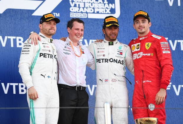 Podium Valtteri Bottas Lewis Hamilton Charles Leclerc, formula 1 GP, Russian in Sochi, 29 09 2019 Photo mspb Jerry Andre Podium Valtteri Bottas Lewis Hamilton Charles Leclerc, formula 1 GP, Russian