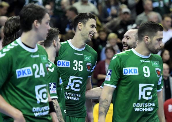 29 09 2019, xlakx, Handball Bundesliga, Fuechse Berlin Eulen Ludwigshafen emspor, v l joy, cheers after the victory with Marko Kopljar Fuechse Berlin 35 ,Michael Mueller Fuechse Berlin 25 ,Stipe Mandalinic Fuechse Berlin 9 Berlin