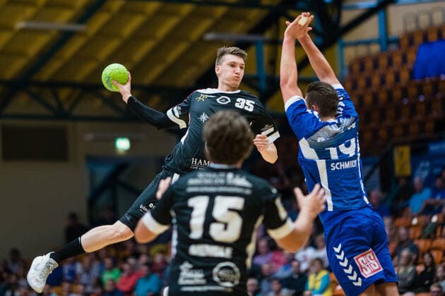 Jan Ove Litzenroth 35 HSG Ostsee Nordhorn , Alexander Mendle 15 HSG Ostsee Nordhorn , Daniel Schmidt 19 Dessau Rosslauer HV 06 during the match in the 3 League Handball Mens Season 2019 2020 between Dessau Rosslauer HV 06 and HSG Ostsee Nordhorn N G in the Anhalt Arena on 29 September 2019 in Dessau Rosslau, Sachsen Anhalt, Germany