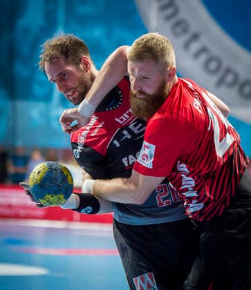 29 09 2019 Handball 1 Bundesliga DKB HBL Season 2019 2020 07 Matchday HC Erlangen Nuremberg Metropolitan Region HCE HSG Nordhorn Lingen OGo Nico Büdel 20, HC Erlangen Anton Prakapenia 24, HSG Nordhorn Lingen