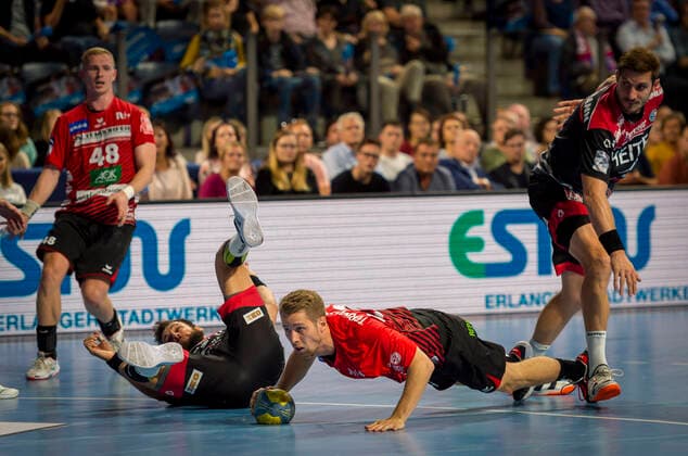 29 09 2019 Handball 1 Bundesliga DKB HBL Season 2019 2020 07 Matchday HC Erlangen Metropolregion Nürnberg HCE HSG Nordhorn Lingen OGo Julian Possehl 48, HSG Nordhorn Lingen Quentin Minel 34, HC Erlangen HCE Alex Terwolbeck 18, HSG Nordhorn Lingen Michael Haaß Haass 13, HC Erlangen HCE