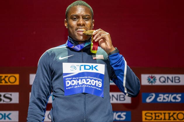 IAAF World Athletics Championships Doha 2019 Qatar, 29 09 2019 DOHA, QATAR SEPTEMBER 29 Christian Coleman USA at the podest for Gold on day 3 of the IAAF World Athletics Championships Doha 2019 at the Khalifa International Stadium of Doha on 29 9 2019 in Arabian Peninsula Qatar Copyright: xBEAUTIFULxSPORTS OliverxKremerx