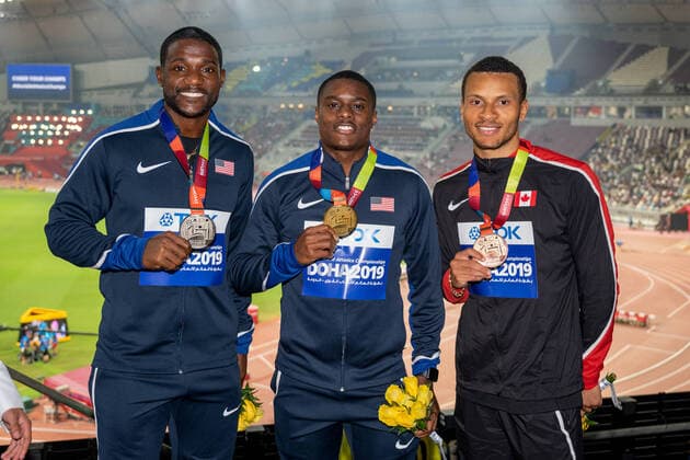 IAAF World Athletics Championships Doha 2019 Qatar, 29 09 2019 DOHA, QATAR SEPTEMBER 29 Christian Coleman USA , Justin Gatlin USA and Andre de Gasse CAN at the Podest on day 3 of the IAAF World Athletics Championships Doha 2019 at the Khalifa International Stadium of Doha on 29 9 2019 in Arabian Peninsula Qatar Copyright: xBEAUTIFULxSPORTS OliverxKremerx