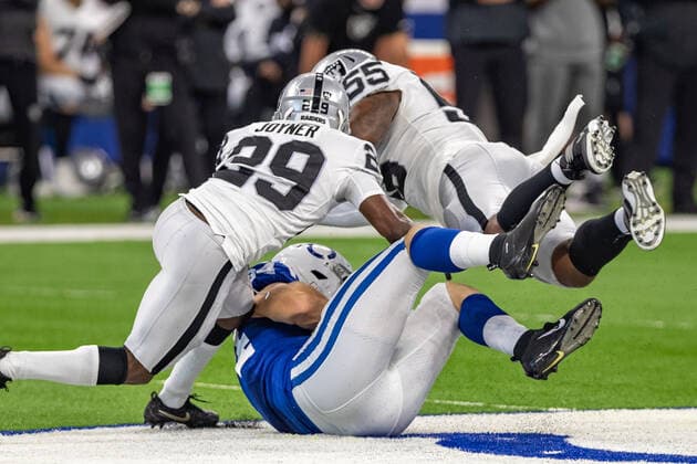 September 29, 2019, Indianapolis, Indiana, U.S: Oakland Raiders outside linebacker Vontaze Burfict (55) is called for targeting after a catch by Indianapolis Colts tight end Jack Doyle (84) and was ejected in the first half of the game between the Oakland Raiders and the Indianapolis Colts at Lucas Oil Stadium, Indianapolis, Indiana. NFL, American Football Herren, USA Football 2019 - Oakland at Indianapolis - ZUMAs304 20190929_zaf_s304_016 Copyright: xScottxStuartx