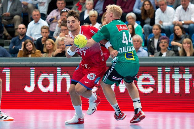 Minden, Germany 29 09 2019 1 Handball Bundesliga 2019 2020 GWD Minden vs TBV Lemgo Lippe L R Dani Baijens Lemgo , Kevin Gulliksen Minden Minden Nordrhein Westfalen Germany Kampa Halle