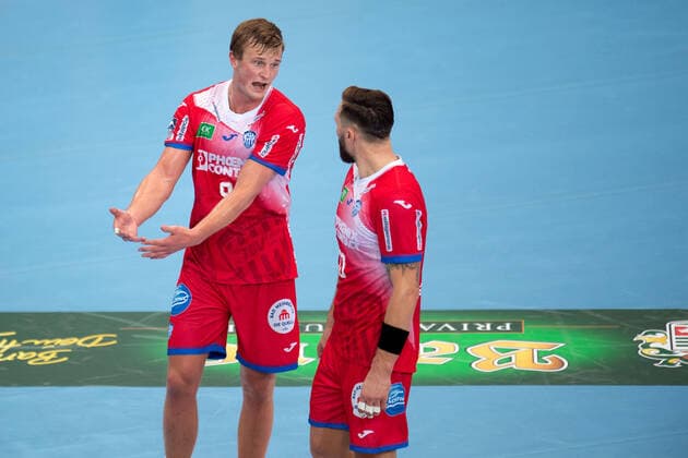 Minden, Germany 29 09 2019 1 Handball Bundesliga 2019 2020 GWD Minden vs TBV Lemgo Lippe L R Jonathan Carlsbogard Lemgo , Fabian van Olphen Lemgo Minden Nordrhein Westfalen Germany Kampa Halle