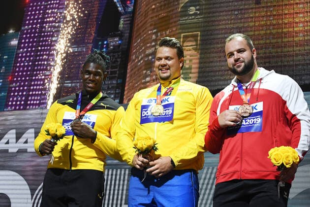 Doha, IAAF, Athletics, athletics, Track and Field, World athletics Championships 2019 Doha, Athletics World Championships 2019 Doha, 27 09 06 10 2019, Khalifa International Stadium Doha, Award Ceremony Dacreas, Daniel Stahl, Lukas Weisshaidinger Austria, Discus throw Men,