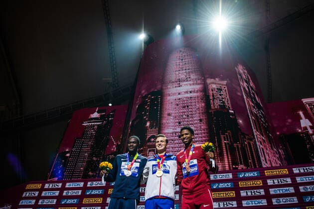 191001 Karsten Warholm of Norway celebrates with his gold medal at the medal ceremony after the men s 400m hurdles final during day 5 of the IAAF World Athletics Championships on October 1, 2019 in Doha Photo Vegard Wivestad Grott BILDBYRAN kod VG 170404 bbeng athletics track field friidrott friidrett iaaf world athletics championships athletics world championship vm friidrotts vm friidretts vm häck jubel norge,  Copyright: VEGARDxWIVESTADxGRoTT BB191001VG037
