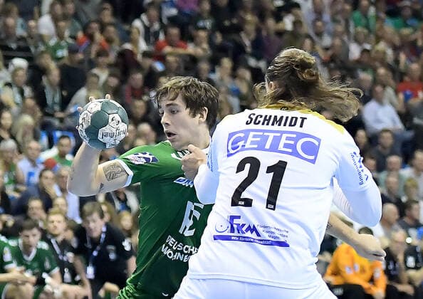 01 10 2019, xlakx, Handball DHB Cup, Fuechse Berlin SC Magdeburg emspor, v l Duel on the ball Jacob Tandrup Holm Fuechse Berlin 6 ,Erik Schmidt SC Magdeburg 21 Berlin