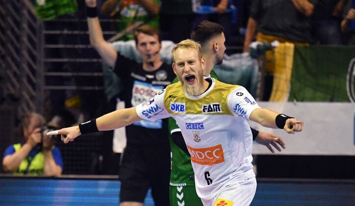 Matthias Musche Magdeburg , after a goal Foxes Berlin SC Magdeburg DHB Cup, Round of 16 2019 2020, Men, Men, Handball, Germany, Germany, Max Schmeling Halle Berlin, 1 10 2019