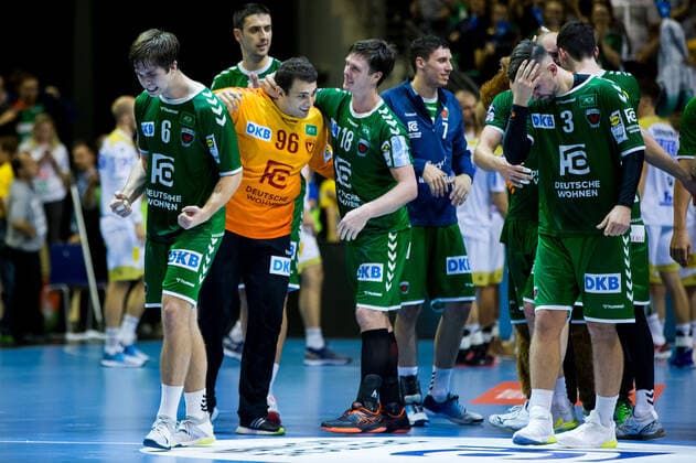 01 10 2019, xfrx, Handball DHB Cup, Fuechse Berlin SC Magdeburg emspor, v l Paul Drux Fuechse Berlin ,Fabian Wiede Fuechse Berlin ,Hans Lindberg Fuechse Berlin ,Jacob Tandrup Holm Fuechse Berlin DFL DFB REGULATIONS PROHIBIT ANY USE OF PHOTOGRAPHS as IMAGE SEQUENCES and or QUASI VIDEO Berlin