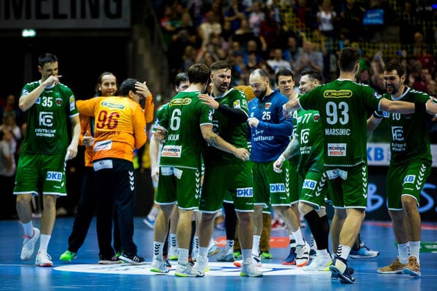 01 10 2019, xfrx, Handball DHB Cup, Fuechse Berlin SC Magdeburg emspor, v l Jacob Tandrup Holm Fuechse Berlin ,Fabian Wiede Fuechse Berlin DFL DFB REGULATIONS PROHIBIT ANY USE OF PHOTOGRAPHS as IMAGE SEQUENCES and or QUASI VIDEO Berlin