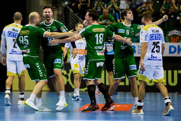 01 10 2019, xfrx, Handball DHB Cup, Fuechse Berlin SC Magdeburg emspor, v l Paul Drux Fuechse Berlin ,Fabian Wiede Fuechse Berlin DFL DFB REGULATIONS PROHIBIT ANY USE OF PHOTOGRAPHS as IMAGE SEQUENCES and or QUASI VIDEO Berlin