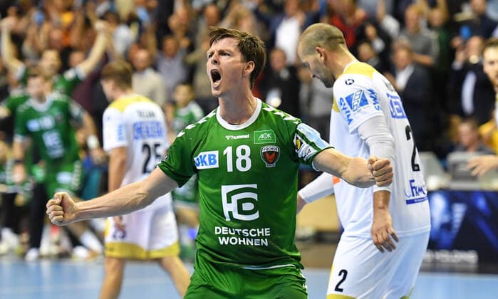 Hans Lindberg Füchse , cheers after a goal Füchse Berlin SC Magdeburg DHB Cup, Round of 16 2019 2020, Men, Men, Handball, Germany, Germany, Max Schmeling Halle Berlin, 1 10 2019