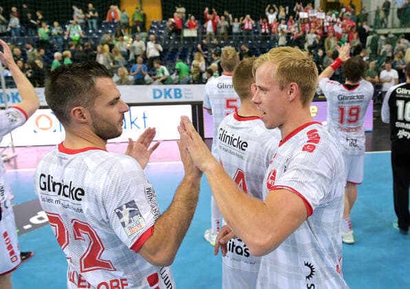 Michael Allendorf MT 22 and Lasse Mikkelsen MT 15 after the game GER, Handball, Round of 16, DHB Cup, SC DHfK Leipzig vs. MT Melsungen, 01 10 2019 Leipzig Copyright: xEIBNER ChristianxModlax EP_CMA