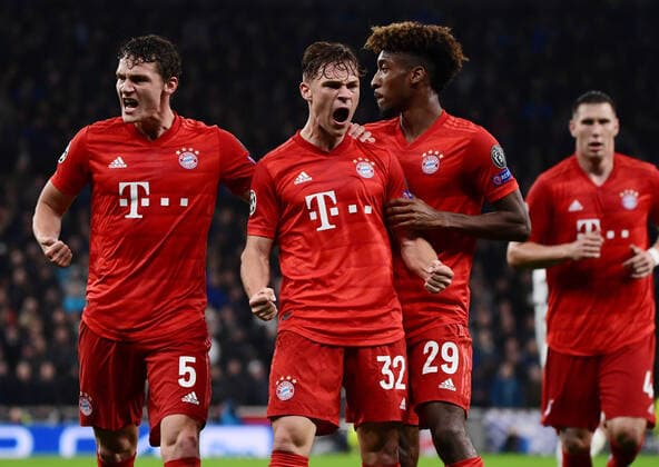 01 10 2019, xkvx, Soccer UEFA Champions League, Tottenham Hotspur FC Bayern Muenchen emspor, v l Benjamin Pavard FC Bayern Muenchen , Joshua Kimmich FC Bayern Muenchen , Kingsley Coman FC Bayern Muenchen celebrate the goal, The goal celebration for 1 1 DFL DFB REGULATIONS PROHIBIT ANY USE OF PHOTOGRAPHS as IMAGE SEQUENCES and or QUASI VIDEO London