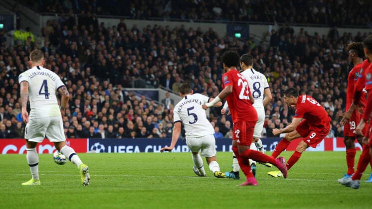 Robert Lewandowski of Bayern Munich scores their second goal during the UEFA Champions League match at the Tottenham Hotspur Stadium, London. Picture date: 1st October 2019. Picture credit should read: Paul Terry Sportimage EDITORIAL USE ONLY. No use with unauthorised audio, video, data, fixture lists, club league logos or live services. Online in-match use limited to 120 images, no video emulation. No use in betting, games or single club league player publications. SPI-0239-0009